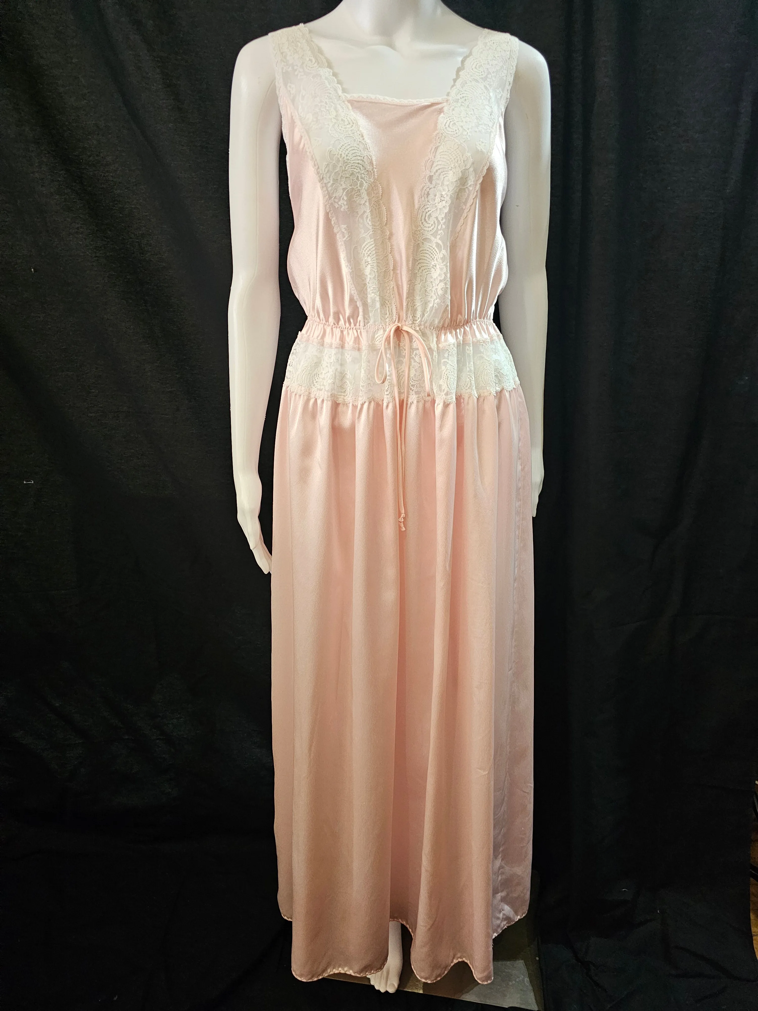 Vintage 1963-74 pink satin gown with sheer lace insets by Blanche Intimates