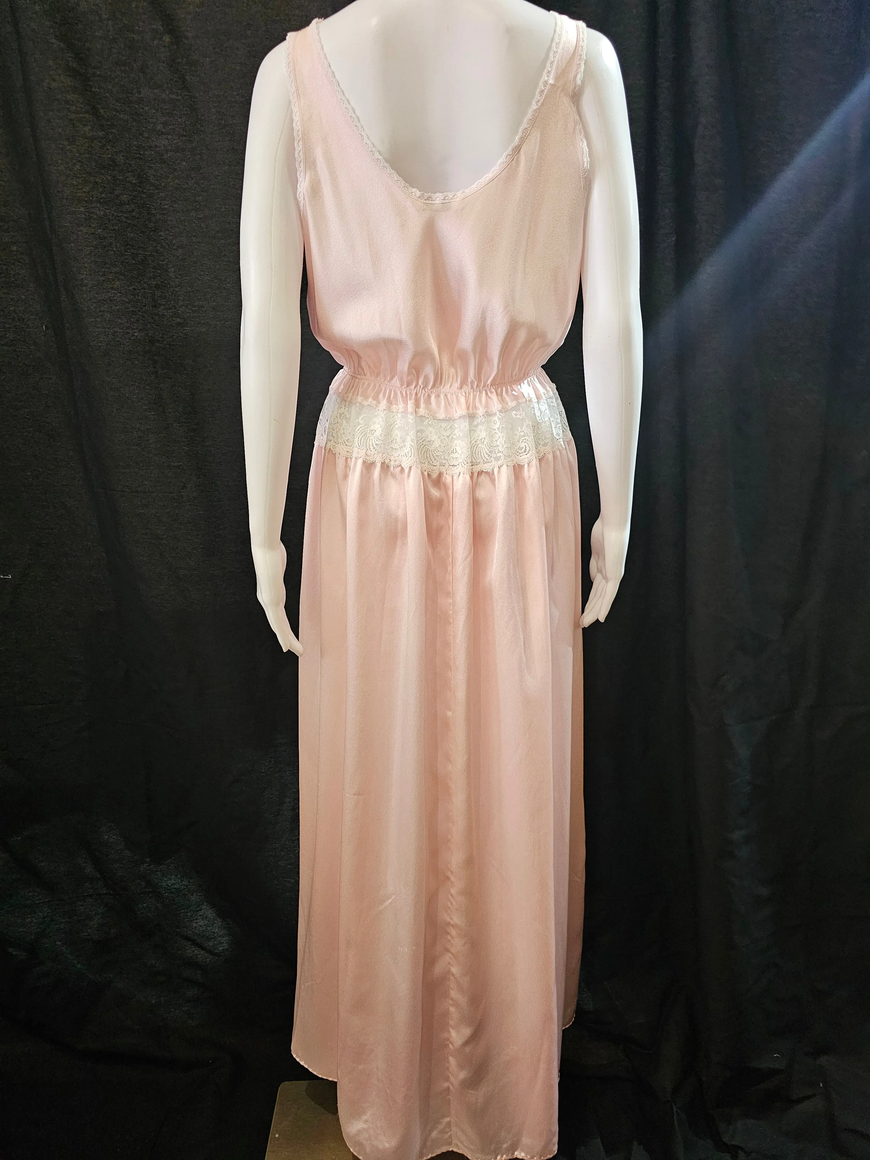 Vintage 1963-74 pink satin gown with sheer lace insets by Blanche Intimates
