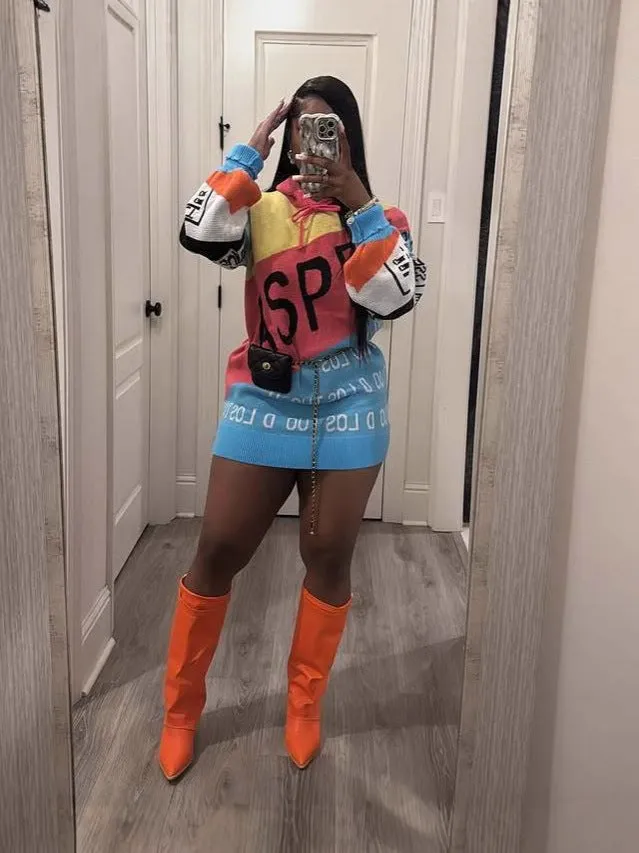 Vivid Statement Oversized Letter Knit Sweater with Bold Colors