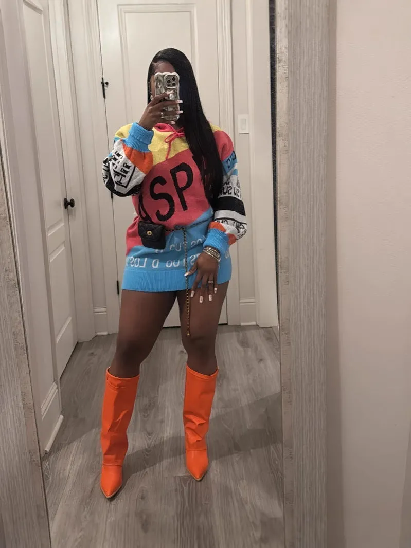 Vivid Statement Oversized Letter Knit Sweater with Bold Colors