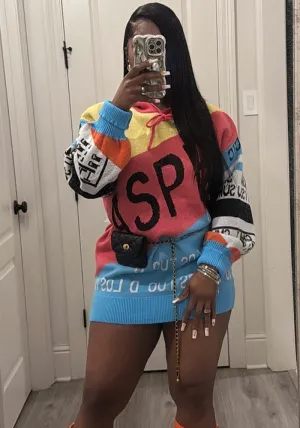Vivid Statement Oversized Letter Knit Sweater with Bold Colors