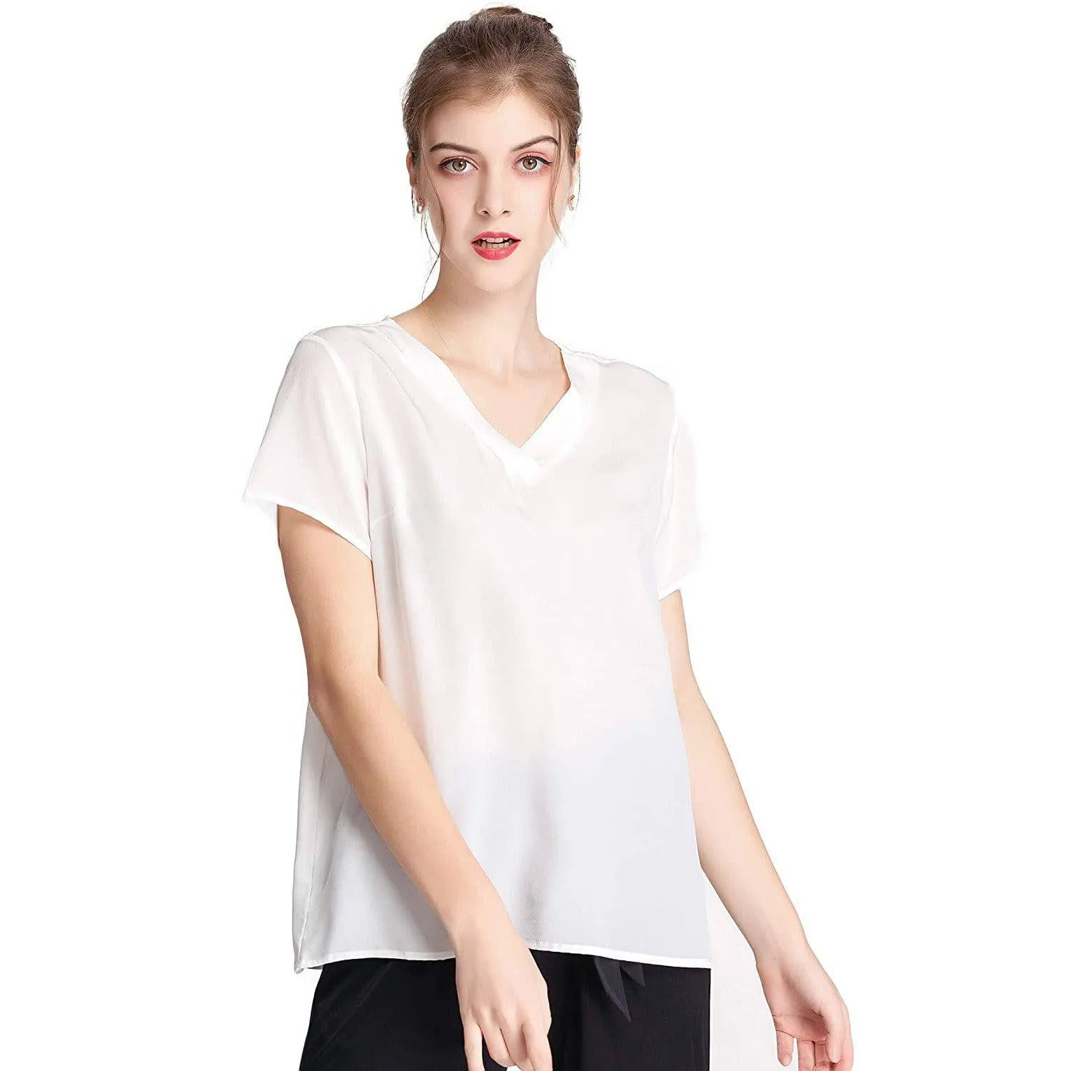 Women Mulberry Silk T-Shirt Short Sleeve V Neck Tank Ladies Silk Shirt