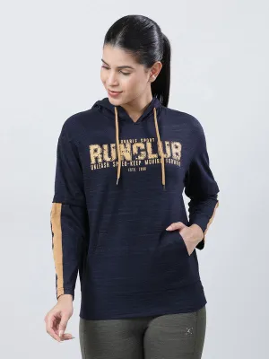 Women Navy Blue Typography Printed Hoodie - UP-HIGH PULLOVER-NY