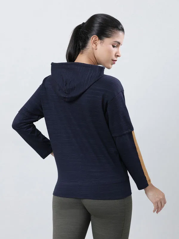 Women Navy Blue Typography Printed Hoodie - UP-HIGH PULLOVER-NY