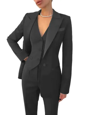 Women's 3-Piece Tuxedo Suit - Blazer - Vest - Straight Pants - Slim Fit - Formal Wear Set