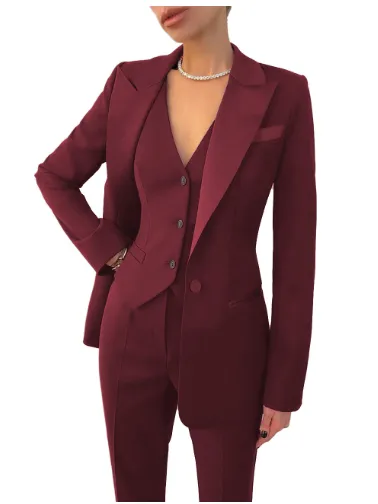 Women's 3-Piece Tuxedo Suit - Blazer - Vest - Straight Pants - Slim Fit - Formal Wear Set