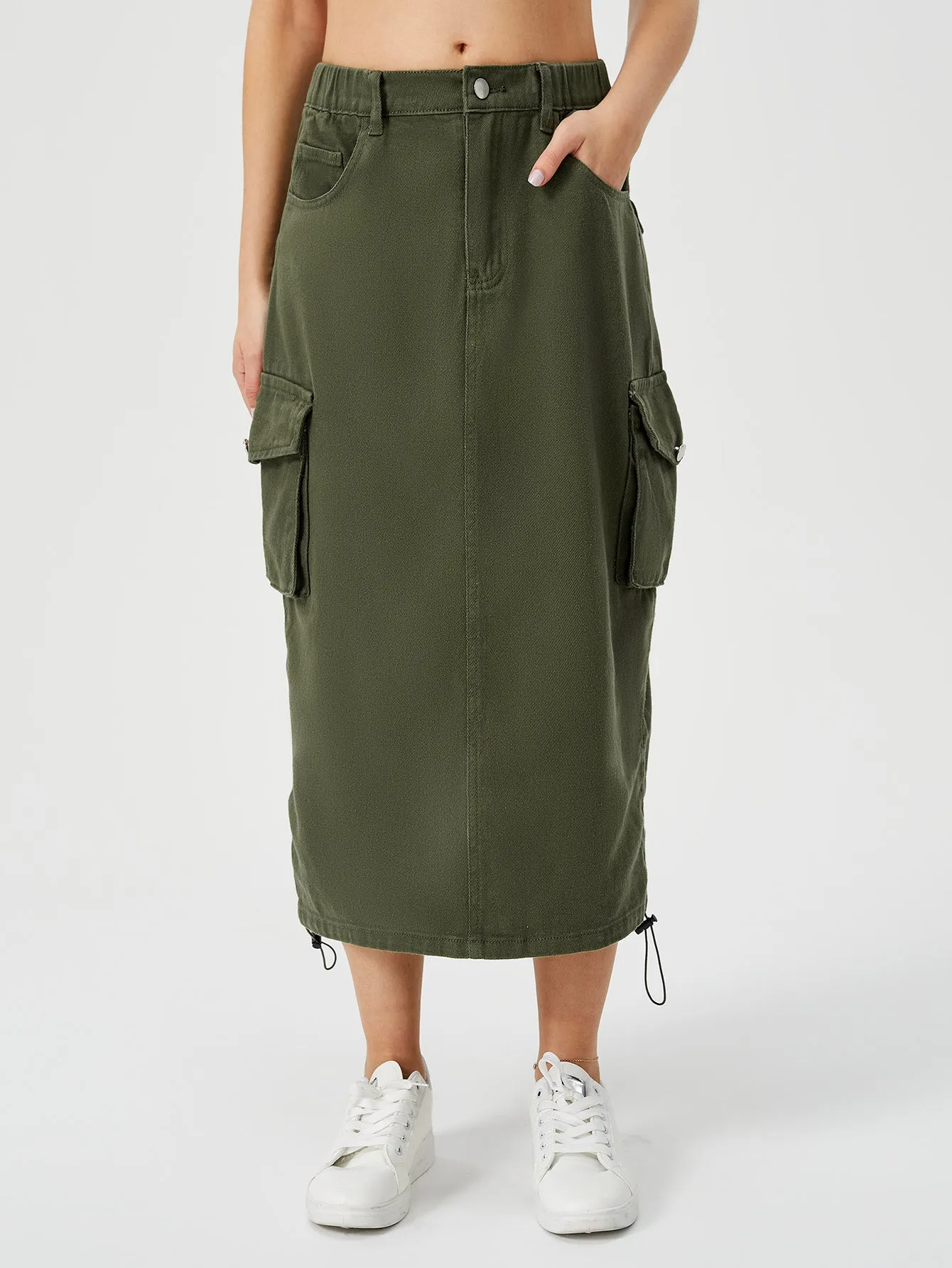 Women's Cargo Long Skirt Casual Streetwear Loose High Waist Front Split Maxi Skirt With Pocket Women's Cargo Long Skirts High Waisted Pencil Skirt Midi Length Jean Skirt With Cargo Pockets