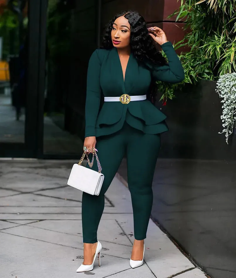 Women's Winter Suit Set | Ruffles Blazers & Pencil Pants | Office Lady Outfits Uniform