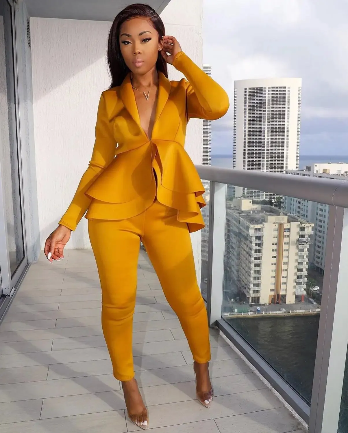 Women's Winter Suit Set | Ruffles Blazers & Pencil Pants | Office Lady Outfits Uniform