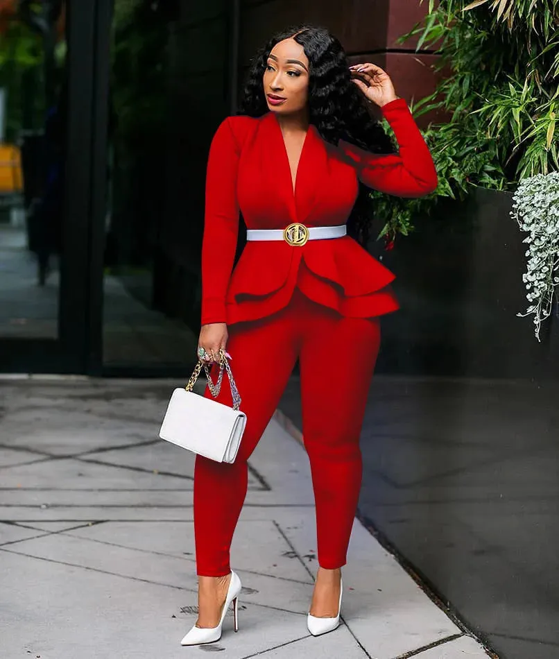 Women's Winter Suit Set | Ruffles Blazers & Pencil Pants | Office Lady Outfits Uniform