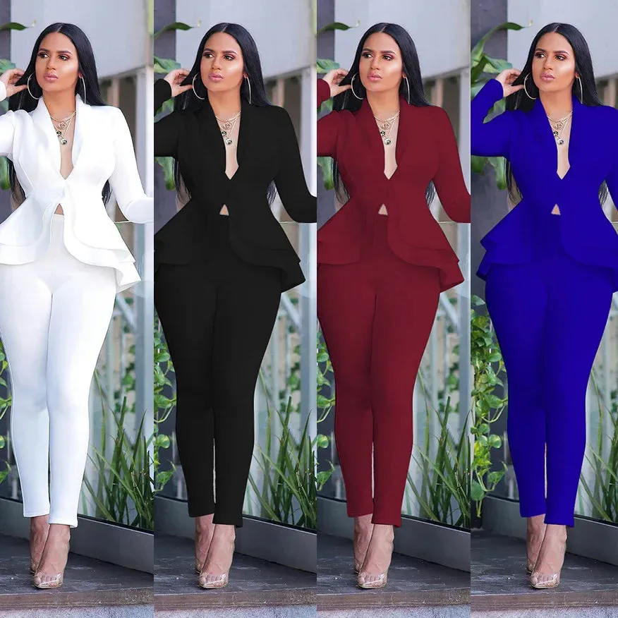 Women's Winter Suit Set | Ruffles Blazers & Pencil Pants | Office Lady Outfits Uniform