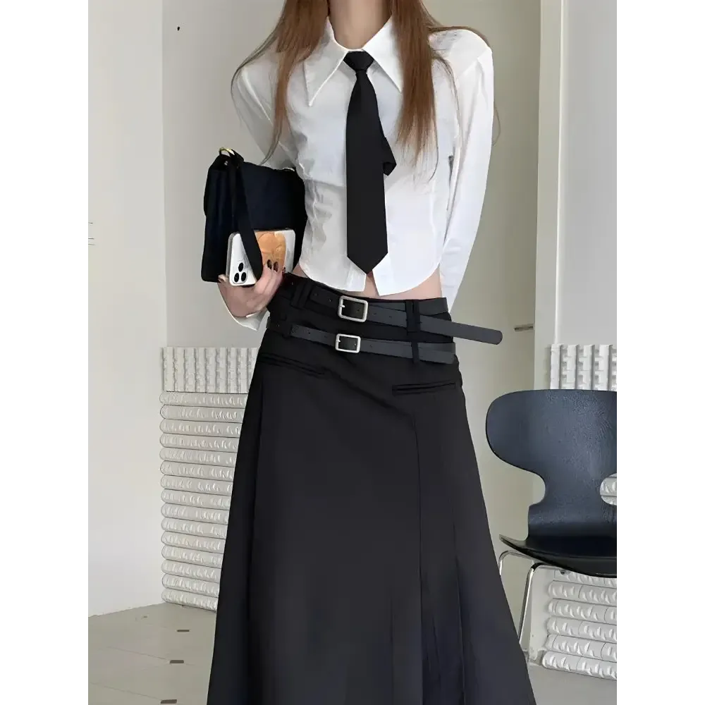 Y2K Trendy Crop Shirt with Tie for Chic Casual or Semi-Formal Looks