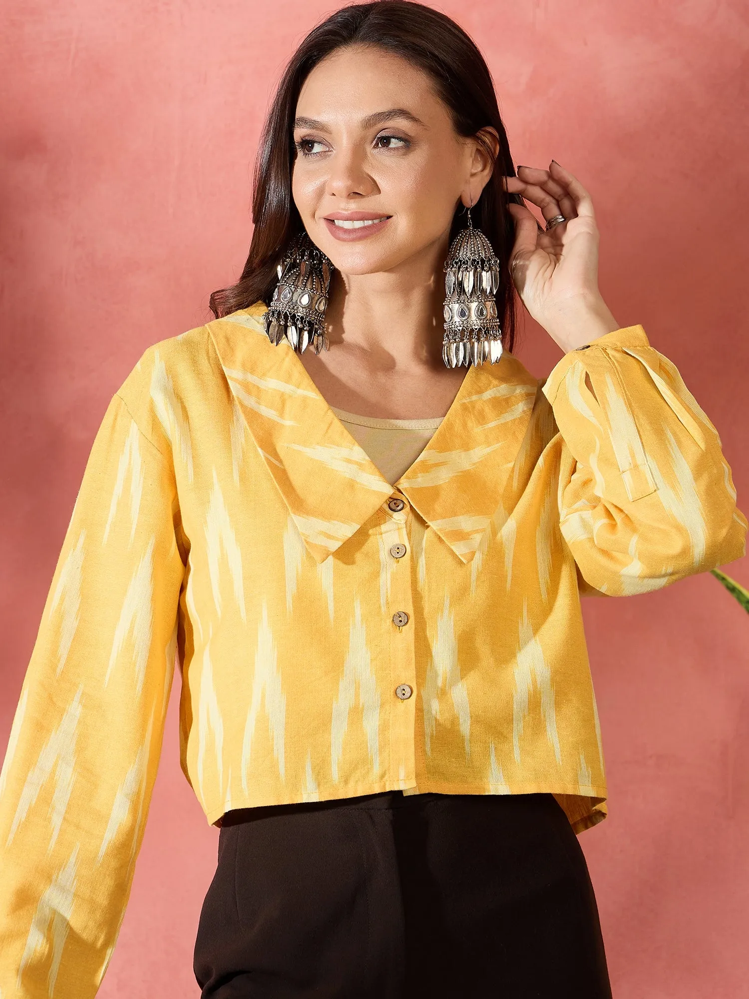 Yellow Ikkat Collar Short Jacket