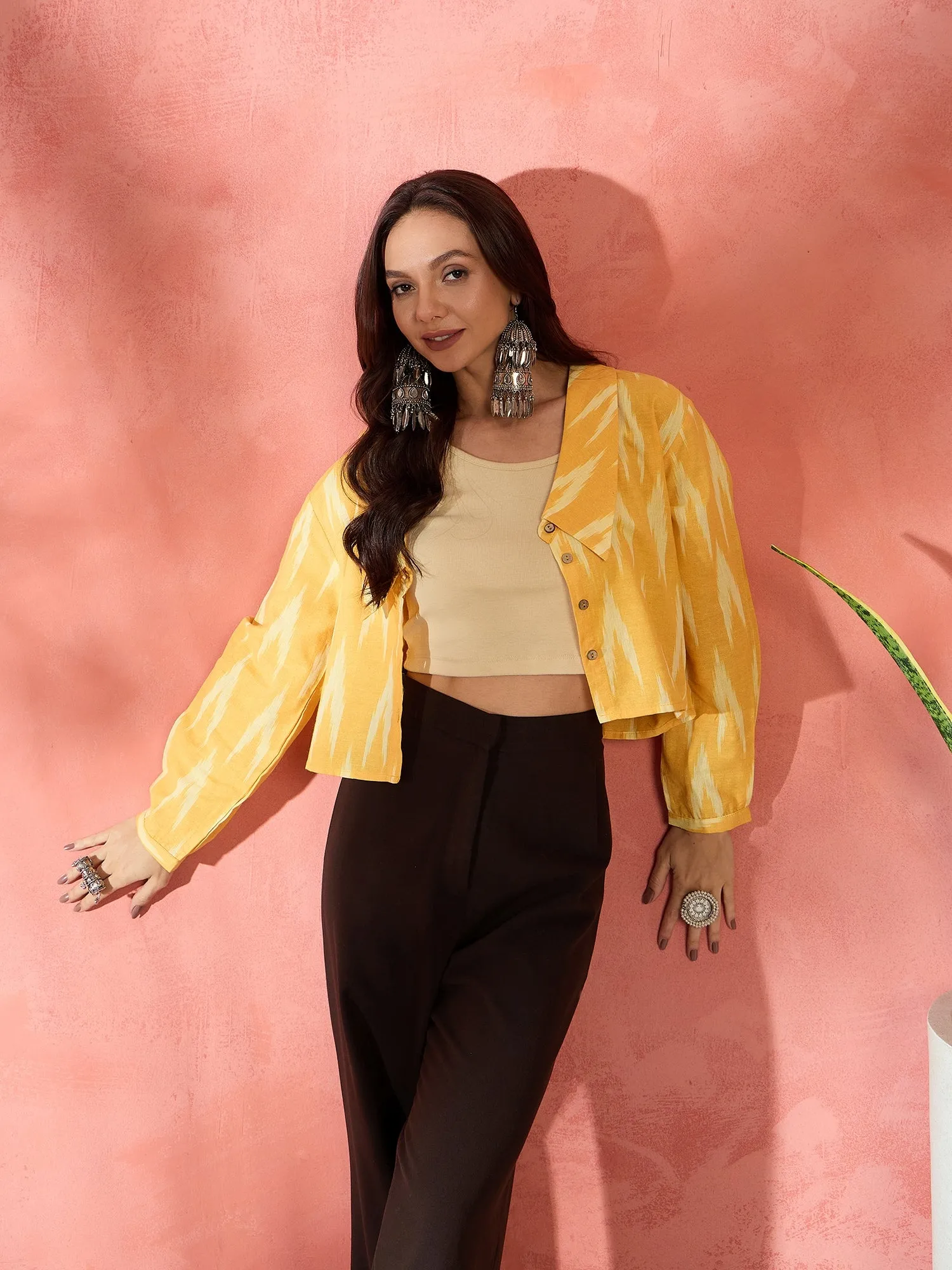 Yellow Ikkat Collar Short Jacket